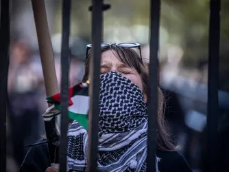 Columbia University student takes part in an anti-Israel protest inside the gates the school in Manhattan
